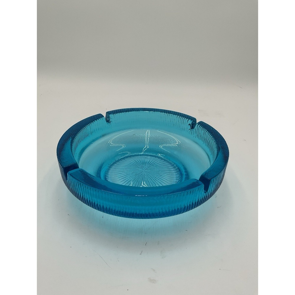Vintage MCM Aqua Blue Glass Ashtray Heavy Pressed Glass 9.5" Ribbed 4 Rest